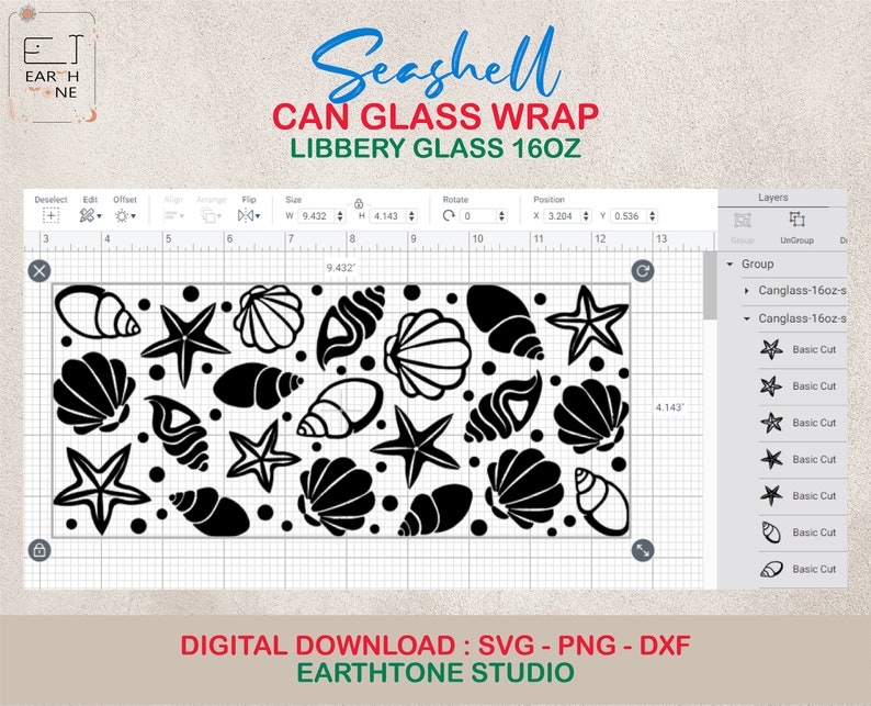 Seashell Can Glass SVG, Libbey Glass SVG, Ocean svg, Seashell, full wrap for Libbey Glass 16oz. dxf, png, svg file for Circut, digital file image 2