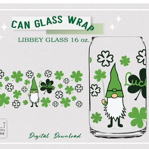 Gnome, St.Patricks, Clover peut emballer complètement le verre pour Libbey Glass 16 oz PNG, DFX, fichier SVG pour Cricut, téléchargement numérique