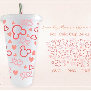 San Valentín, ratón, corazón encantador, envoltura completa para vaso frío Venti sin orificio de 24 oz, archivo SVG, PNG para Cricut, descarga digital