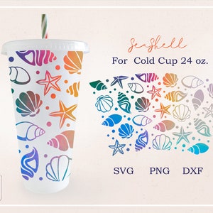Vaso con forma de concha marina, océano, concha marina, verano, envoltura completa para vaso frío Venti sin orificio de 24 oz. Archivo PNG, DFX, SVG para Cricut, descarga digital.