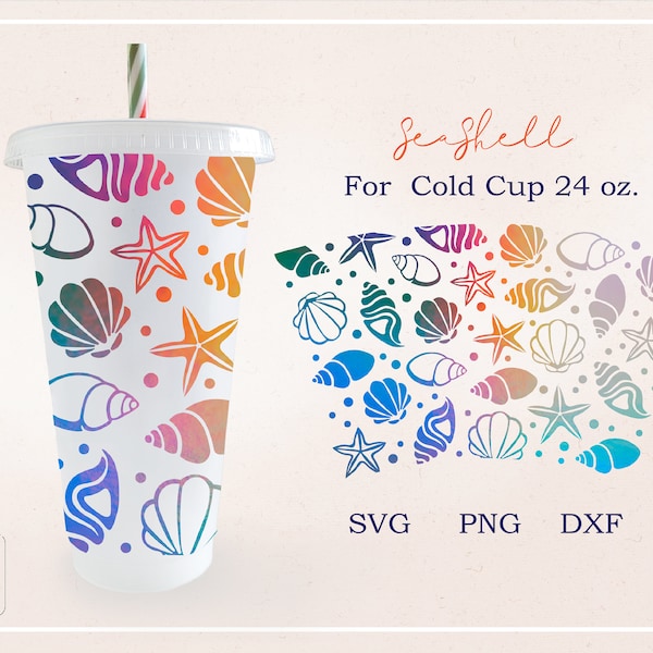 Seashell wrap cup, Ocean, Seashell , Summer Sea full wrap for No hole Venti Cold Cup 24 oz. PNG,DFX,SVG file for Cricut,digital download