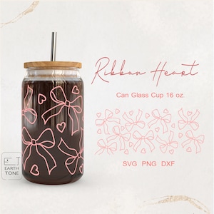 Pink Bow Coquette Glass Wrap SVG: Heart Line Art (Digital Download