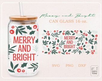 Merry and Bright, Winter Vibes, Christmas Tree, Autumn Leaves , full  wrap for beer Can Glass 16oz  PNG, DFX, SVG file for Cricut, Digital