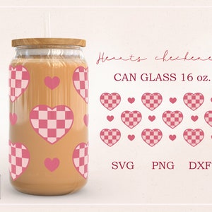 Coração xadrez Retro Seja meu namorado, Amor, Envoltório completo para lata de café de vidro 16oz PNG, DFX, arquivo SVG para Cricut, download digital