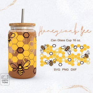 Honey Bee honeycomb beer can glass full wrap for Coffee Glass 16oz PNG, DFX, SVG file for Cricut, digital Download
