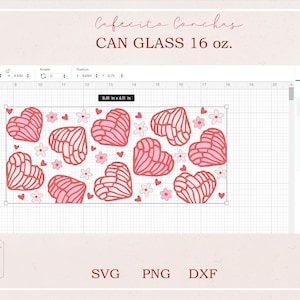 May include: A digital design for a 16 oz. can glass featuring a pattern of pink and red hearts with a white outline. The design is called "Cafecito Conchas" and is available in SVG, PNG, and DXF formats.