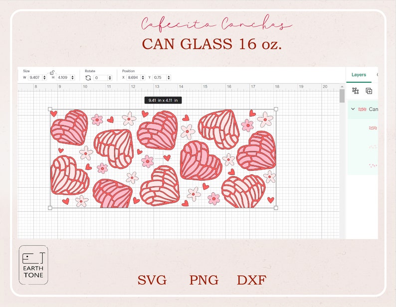 May include: A digital design for a 16 oz. can glass featuring a pattern of pink and red hearts with a white outline. The design is called "Cafecito Conchas" and is available in SVG, PNG, and DXF formats.