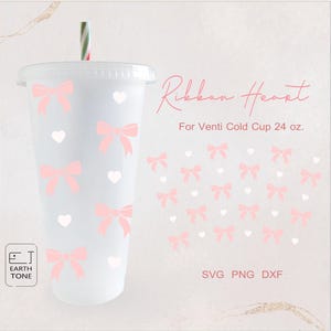 Lazo rosa, lazo, coqueta, corazones dulces, San Valentín, mamá, envoltura completa para vaso de agua fría Venti de 24 oz. Archivo SVG para Cricut, descarga digital
