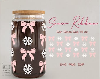 Pink Christmas Snowflake Candy Bow Glass Wrap (SVG, PNG, DFX Digital Download)