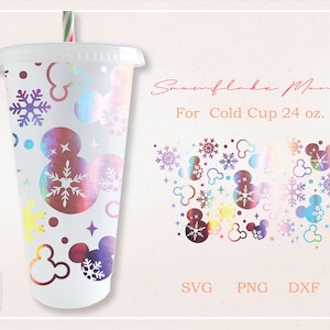 Copo de nieve, ratón, nieve hermosa, Navidad, envoltura completa de invierno para vaso frío Venti sin agujero de 24 oz. Archivo PNG, DFX, SVG para Cricut, descarga digital.