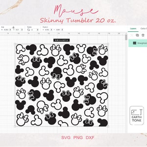 May include: A black and white design featuring a repeating pattern of Mickey Mouse heads with bows. The design is intended for a 20 ounce skinny tumbler. The text "Mouse Skinny Tumbler 20 oz." is at the top of the design.