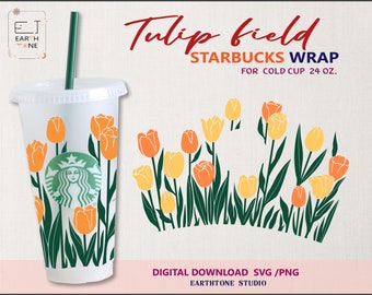 Floral wrap cup ,Tulip Flower, Spring vibe full wrap for Venti Cold Cup 24 oz. PNG,DFX,SVG file Cricut, digital download