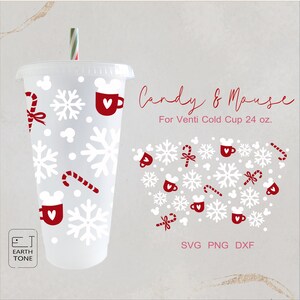 May include: A clear Venti cold cup with a lid and a striped straw. The cup is decorated with white snowflakes, red candy canes, and red mugs with heart-shaped designs. The text "Candy & Mouse" is written in red.