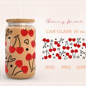 Corazón de cereza de San Valentín, fruta encantadora, verano fresco, envoltura completa para vaso Libbey de 16 oz, archivo PNG, DFX, SVG para Cricut, digital