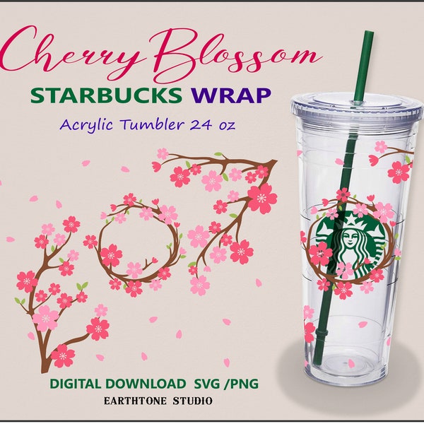 Cherry blossom, Sakura, Spring flower, Floral full wrap for Starbucks Acrylic double wall 24 oz. PNG,DFX,SVG for Cricut digital download