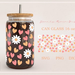 Mini coração e margarida flor envoltório completo para lata de vidro 16oz PNG,DFX,SVG arquivo para Cricut, download digital