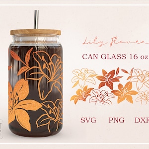 Flor de Lírio, Envoltório completo floral para Libbey Glass 16 oz. Arquivo PNG, DFX, SVG para download digital Cricut
