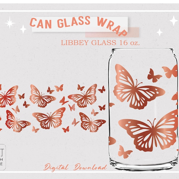 Butterfly Can Glass SVG, Libbey Glass SVG, Full wrap for Libbey Glass 16oz dxf, png, svg file for Circut, digital file