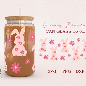 Hase peep Blume svg, Kaninchen Retro, Ostertag, Frühling komplett wrap für Libbey kann Glas 16oz dxf, png, svg Datei für Circut, digitale Datei