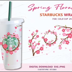 Flor de cerezo, flor de Sakura, envoltura floral primaveral completa SVG para vaso frío Starbucks Venti de 24 oz. Archivo PNG, DFX, SVG para Cricut, descarga digital