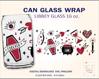 Love Magic, Witch love Can Glass SVG, Heart, Valentines, full wrap for Libbey Glass 16oz dxf, png, svg file for Circut, digital file