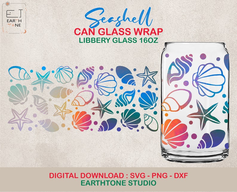 Seashell Can Glass SVG, Libbey Glass SVG, Ocean svg, Seashell, full wrap for Libbey Glass 16oz. dxf, png, svg file for Circut, digital file image 1