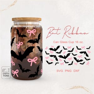 Kokietka Halloween Bat Spooky Season Różowa wstążka Pełne opakowanie dla Libbey Glass 16oz PNG, DFX, plik SVG dla Cricut, cyfrowy