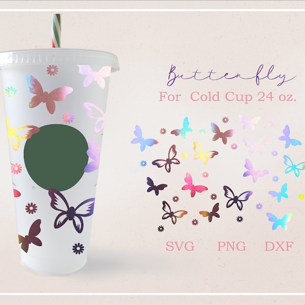 Butterfly wrap cup, Daisy flower,  full wrap for Venti cold Cup 24oz. DFX, PNG, SVG file for Circut, digital file