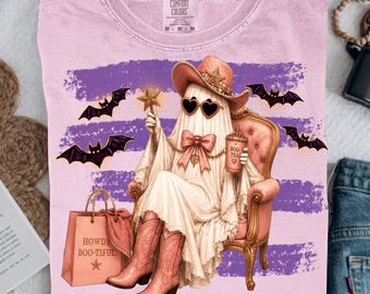 Western Spooky Cow- girl Ghost Halloween PNG, Fall Season, Howdy Boo-tiful, trendy stripes design (Digital Download)