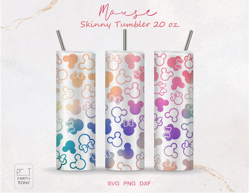 May include: Three 20 ounce skinny tumblers with a white background and a pattern of colorful mouse heads with bows. The tumblers are arranged in a row from left to right with the colors transitioning from blue to purple to pink.