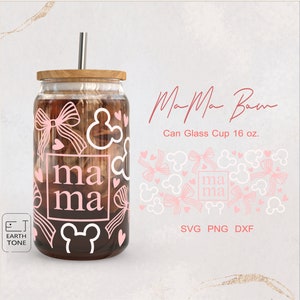 Taza de regalo para mamá, con un lindo ratón, lazo rosa, cinta, coqueta, mamá, envoltura completa para Libbey Glass, 16 oz, archivo PNG, DFX, SVG para Cricut, descarga digital