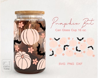 Pumpkin Halloween Coffee Glass Wrap: Bat Floral Design (PNG, SVG, DFX Files)