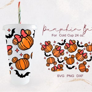Słodki Dyniowy Mysz Nietoperz Halloween Straszny sezon Jesień Jesienne opakowanie na kubek bez otworu Venti Cold Cup 24 oz. PNG, DFX, plik SVG dla Cricut, cyfrowy