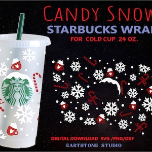 Candy snow, Merry Christmas, Snowflake  winter, cup wrap full wrap for Venti Cold Cup 24 oz. PNG,DFX,SVG file for Cricut, digital download
