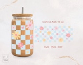 Retro Beer Can Glass Wrap: Checkered Flower SVG PNG DXF for Cricut