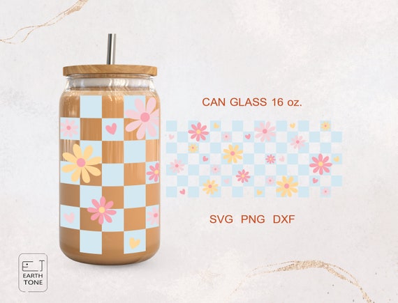 Retro Beer Can Glass Wrap: Checkered Flower SVG PNG DXF for Cricut
