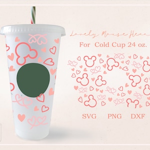 Taza de San Valentín, Ratón, Amor, Dulce Corazón, envoltura completa para vaso frío Venti de 24 oz, archivo SVG, PNG para Cricut, descarga digital