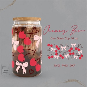 Precioso corazón de cereza, lazo rosa, cinta, coqueteo, lindo corazón, San Valentín, lata, envoltura para vaso de vidrio Libbey, 16 oz, archivo SVG para Cricut, archivos digitales