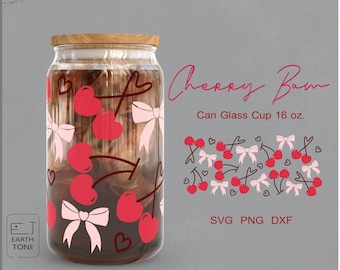 Cherry Heart Pink Bow Can Glass Wrap: Coquette Valentine SVG (Digital Files)