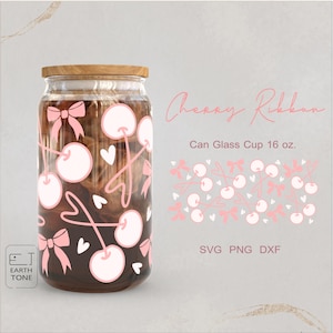 Cherry Love Pink Bow Ribbon Coquette schattig hart Valentijn blikje wrap voor Libbey glas 16oz SVG-bestand voor Cricut, digitale bestanden