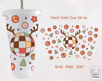 Groovy Christmas cold cup wrap Christmas cold cup svg full nohole wrap for Venti cold cup 24oz PNG, DFX, SVG file for Cricut, digital files