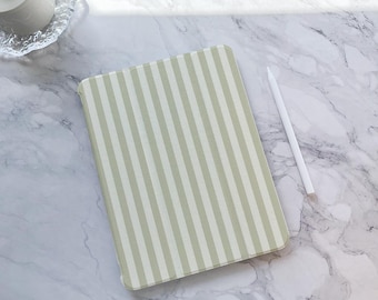 Beige & Green Stripe iPad Case with Pencil Holder, Fits iPad Air 7/6, iPad Pro 11/13, iPad 10/9, iPad Mini 6/7 Aesthetic Cover