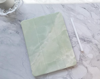 Marble Texture Green iPad Case with Pencil Holder: PU Leather, Magnetic Close
