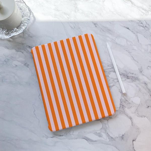 Orange Stripe iPad Tasche mit Pencil Slot für iPad Air 7/6 11"13", iPad 10/9, iPad Pro 11"13", iPad Mini 6/7 PU Leder Schutzhülle