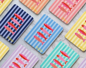 Personalized Stripe Fish iPad Case with Pencil Holder, Fits iPad Air 7/6, iPad Pro 11/13, iPad 11/10/9, Initials iPad Mini 6 Aesthetic Cover