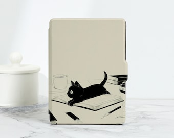 Cat Lying on Book Kawaii Kindle Case, Personalized Kindle Cover for Kindle Paperwhite case 1/2/3/4, Kindle 2022, Kindle 10th 11th Cover