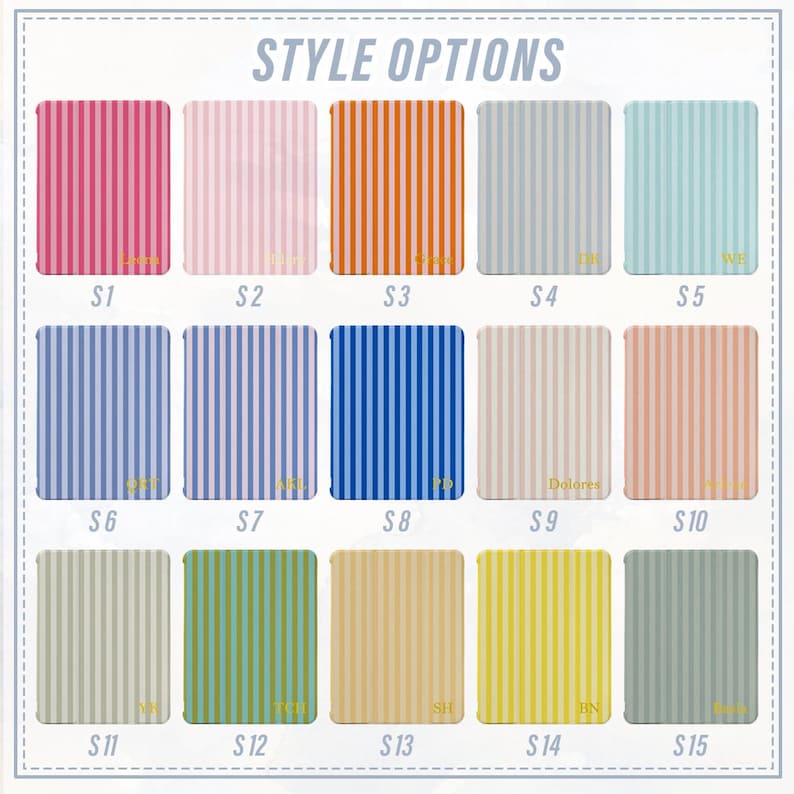 May include: A selection of square designs with vertical stripes in a range of colours, such as pink, orange, and blue. Each design is numbered and some have initials or a name. The text "STYLE OPTIONS" is displayed at the top of the image.