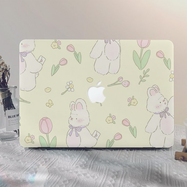 Cute Rabbit Floral MacBook Case for New MacBook M1 M2 Air 13 A2681, A2337, A2338, Pro 13 14 15 16, 2023 2022 2021 2020 Laptop Case