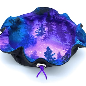Small Rolling Tray Dice Bag, Fairy Forest Print, Black Velvet Fabric, Purple Drawstring Cord, Metal Clasp, Soft Sided Cloth, RPG DnD