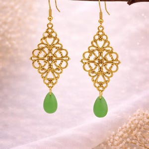 Gold Filigree Drop Earrings, Red Teardrop Dangle Earrings, Elegant Vintage Style Jewelry, Ornate Boho Earrings, Gift for Her